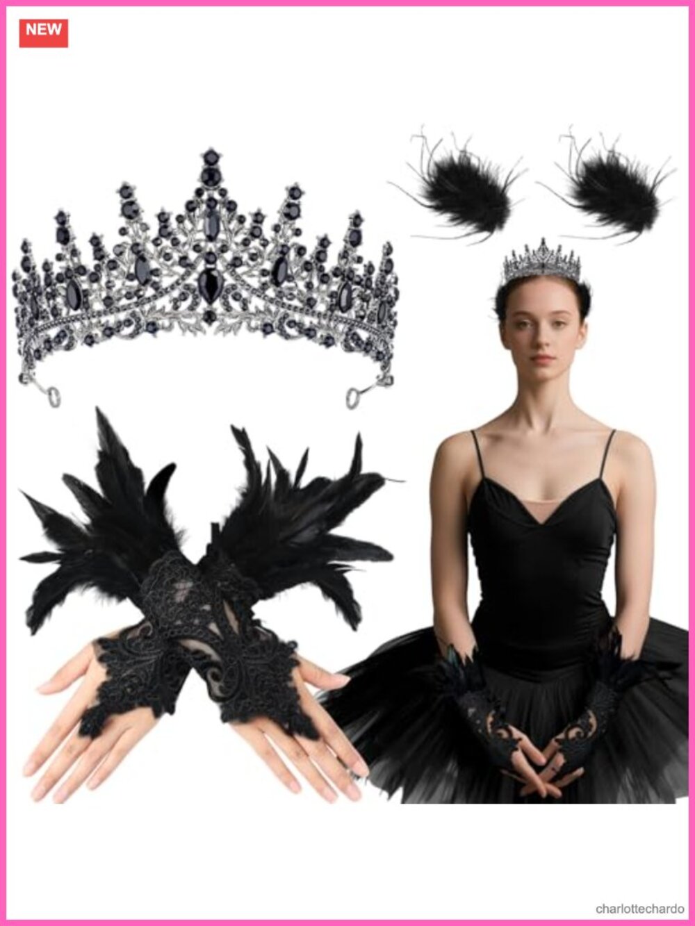 5 Pc Feather Costume Accessory Set for Women with Gloves, Hairpins and Crown